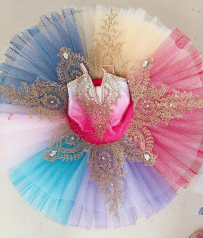 Girls Professional Ballet Tutu Rainbow Ballet Costume Pancake Tutu