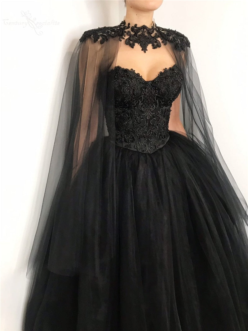 Black Wedding Dress with Beaded CapeSweetheart Princess Bridal Ball Gown