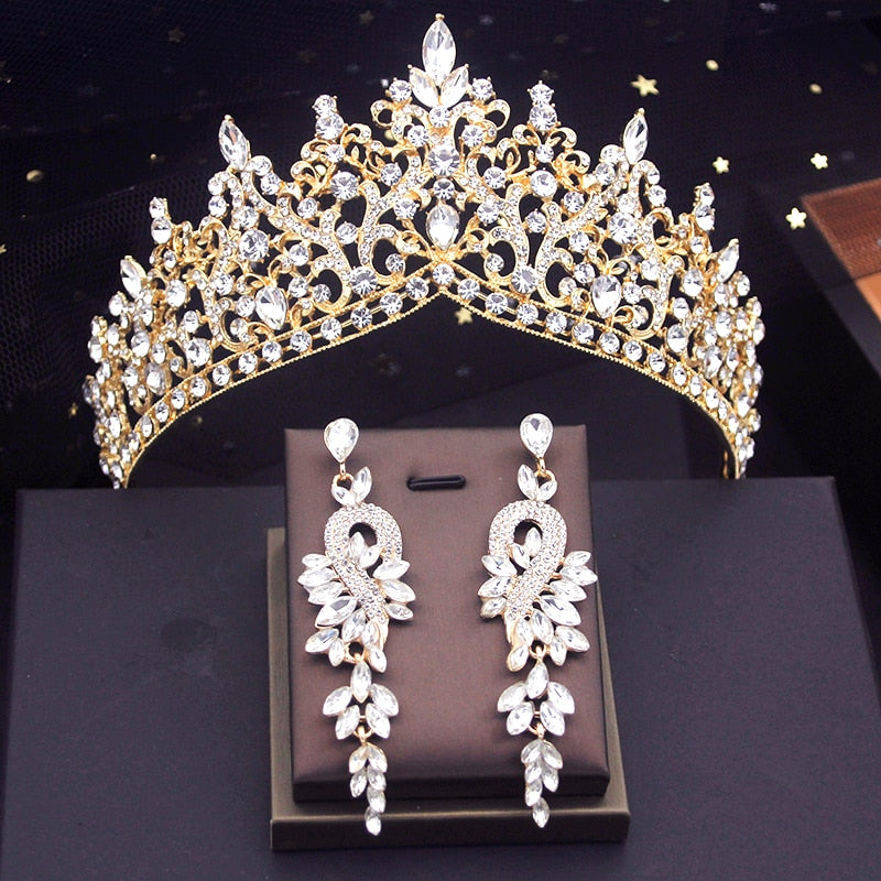 Luxury Gold Color Bridal Wedding Crown With Earrings Evening  Hair Accessories