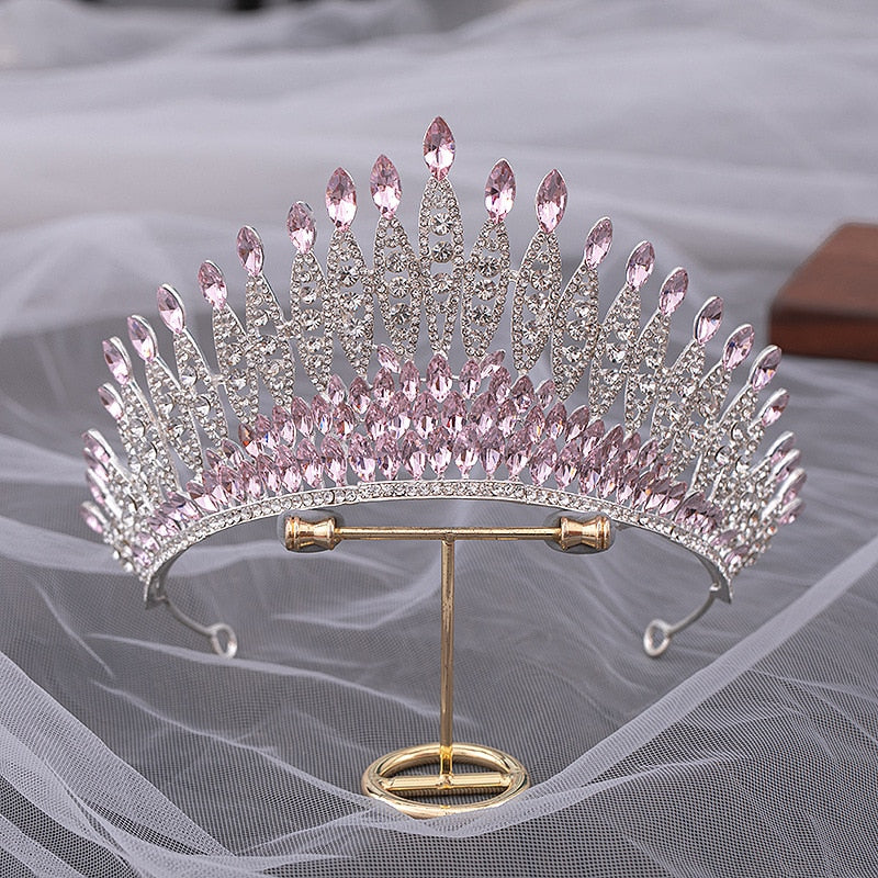 Pageant Pink Bridal Crown Water Drop Crystal Tiara Hair Jewelry Accessory