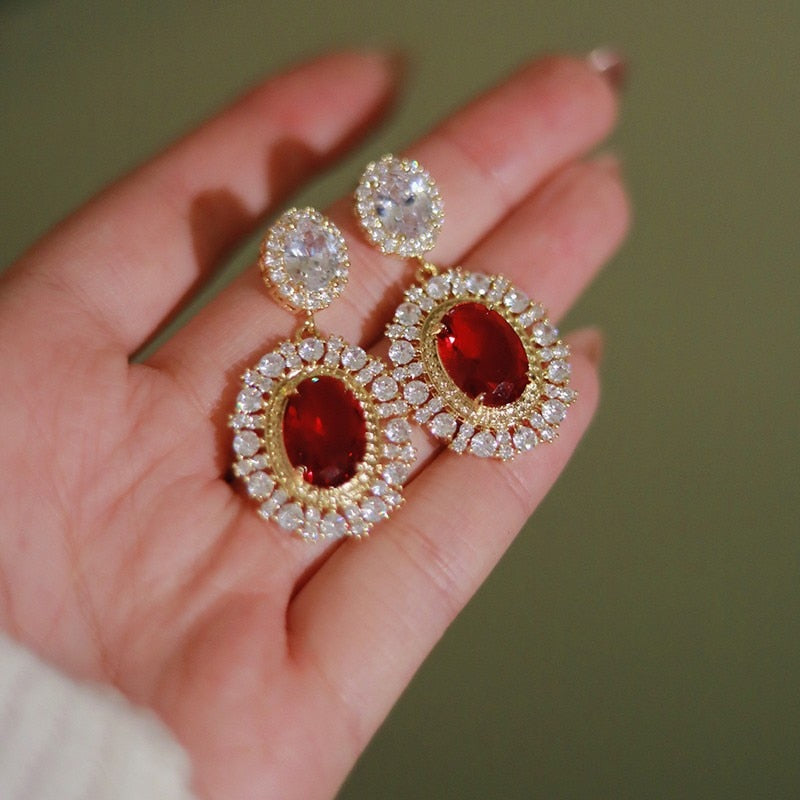 Unique Oval Red Cubic Zirconia Drop Earrings  Gold Color Statement Jewelry Accessory