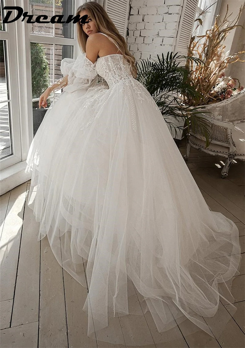 Lace Tulle Boho Wedding Dress Off The Shoulder Sleeve Sweetheart Bridal Gown