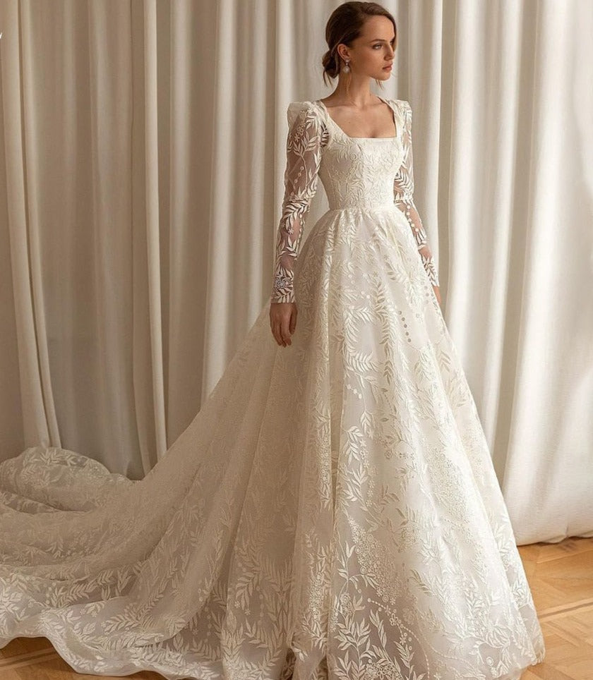 Lace A Line Princess Wedding Dress Long Sleeves  Square Collar Bridal Gown