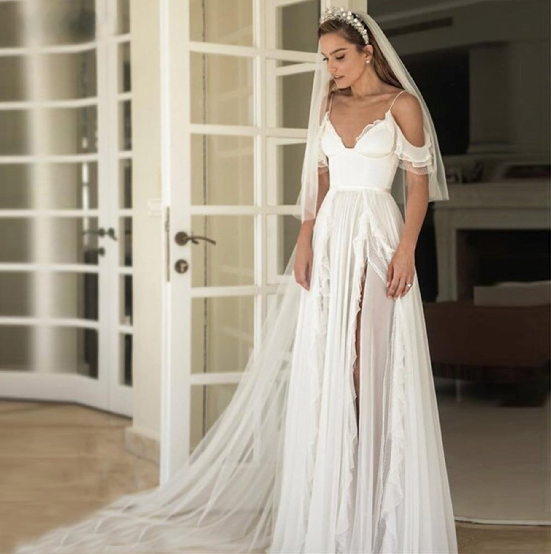 Satin Chiffon A Line Off the Shoulder Sleeve Bohemian Wedding Bridal Gown