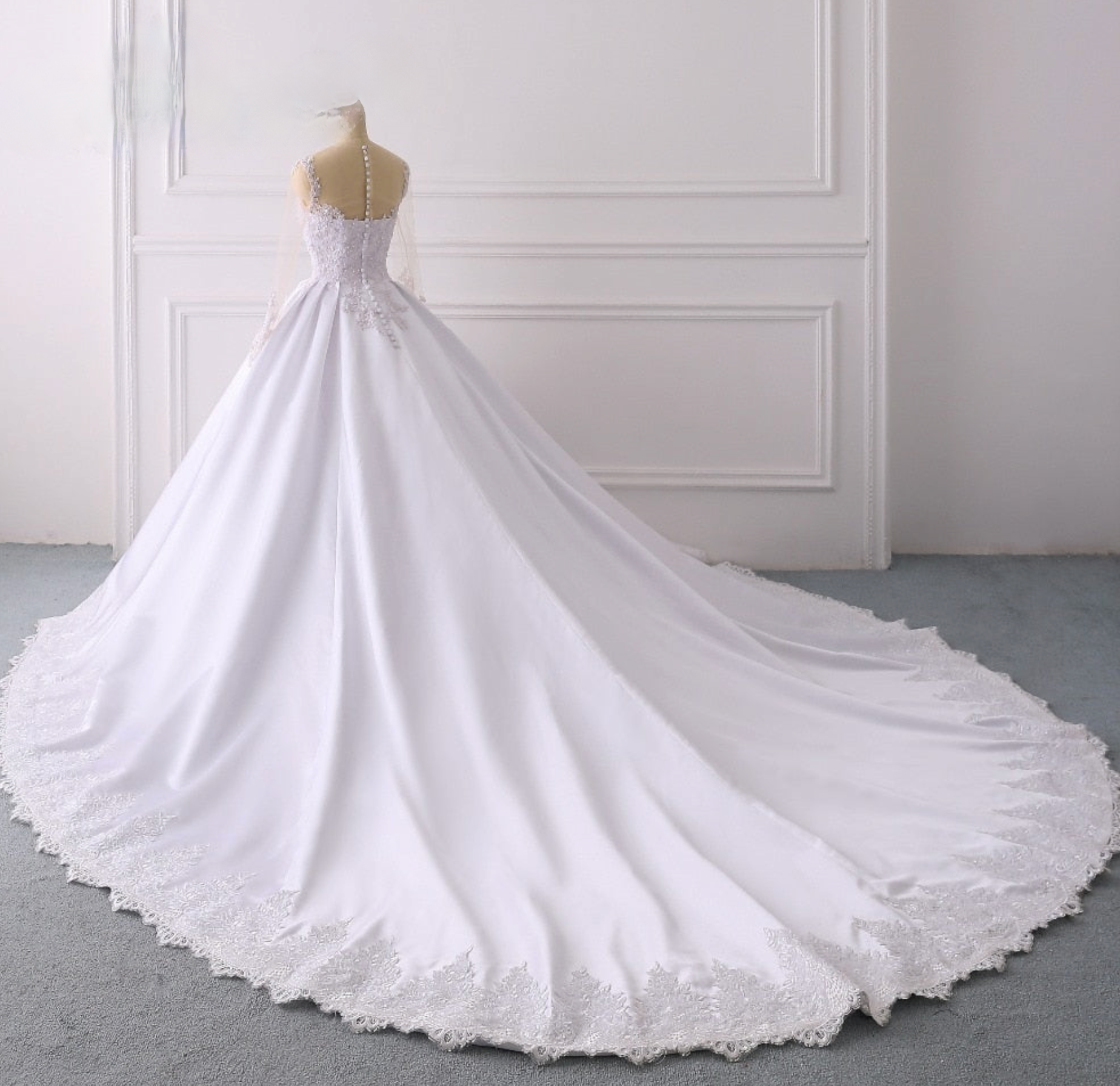 White Satin A Line Lace Illusion Sleeve Royal Train Wedding Bridal Ball Gown