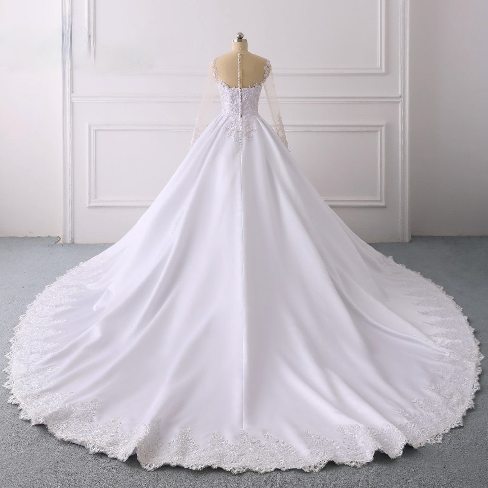 White Satin A Line Lace Illusion Sleeve Royal Train Wedding Bridal Ball Gown