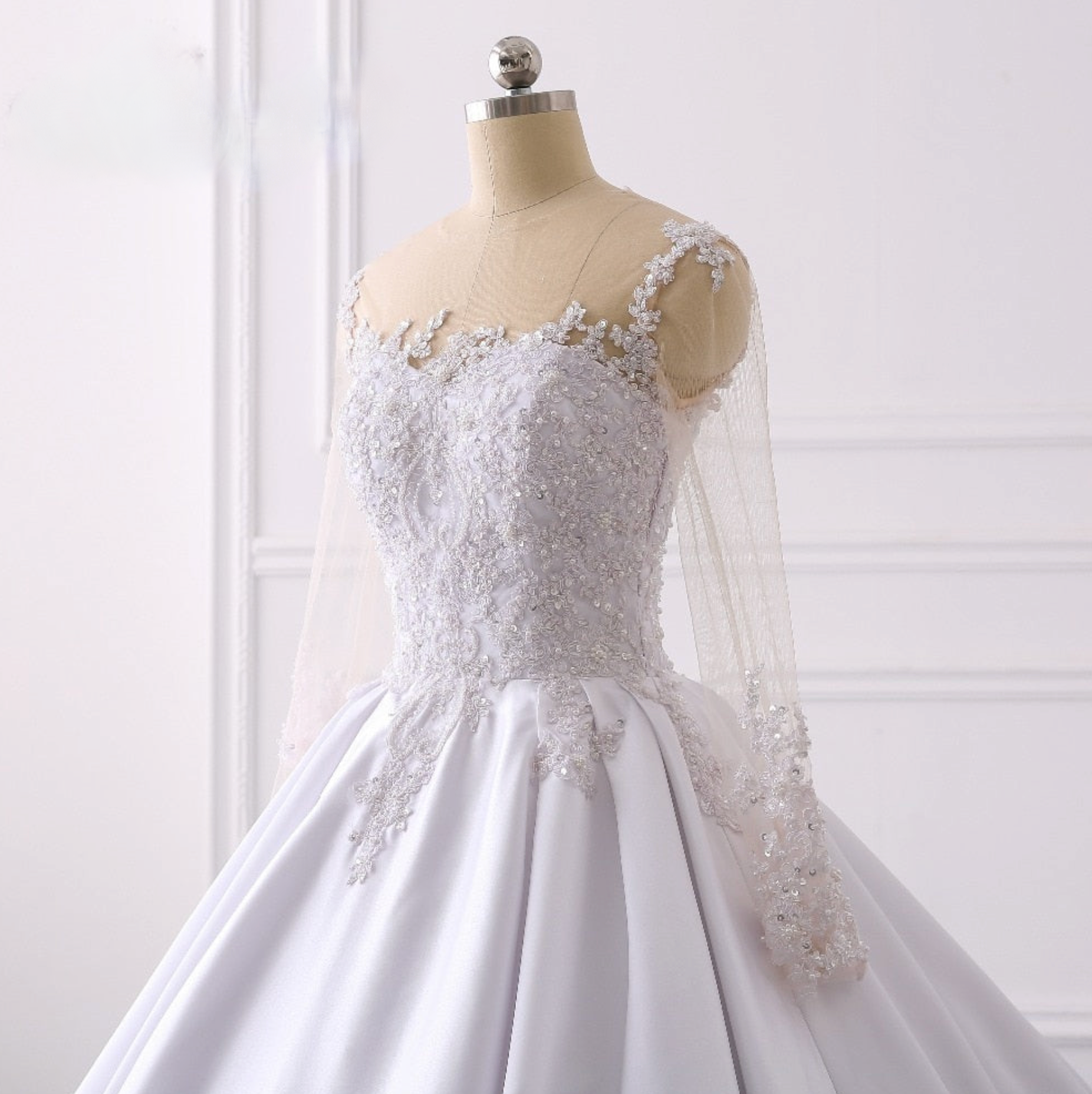 White Satin A Line Lace Illusion Sleeve Royal Train Wedding Bridal Ball Gown