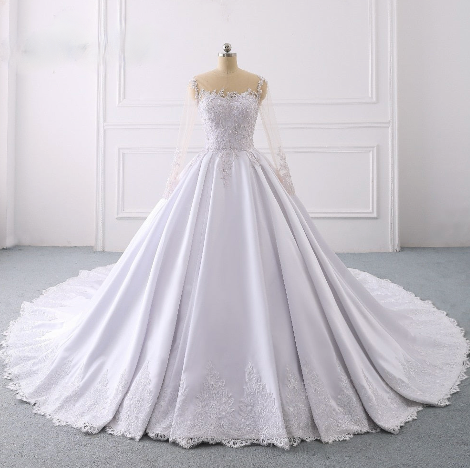 White Satin A Line Lace Illusion Sleeve Royal Train Wedding Bridal Ball Gown