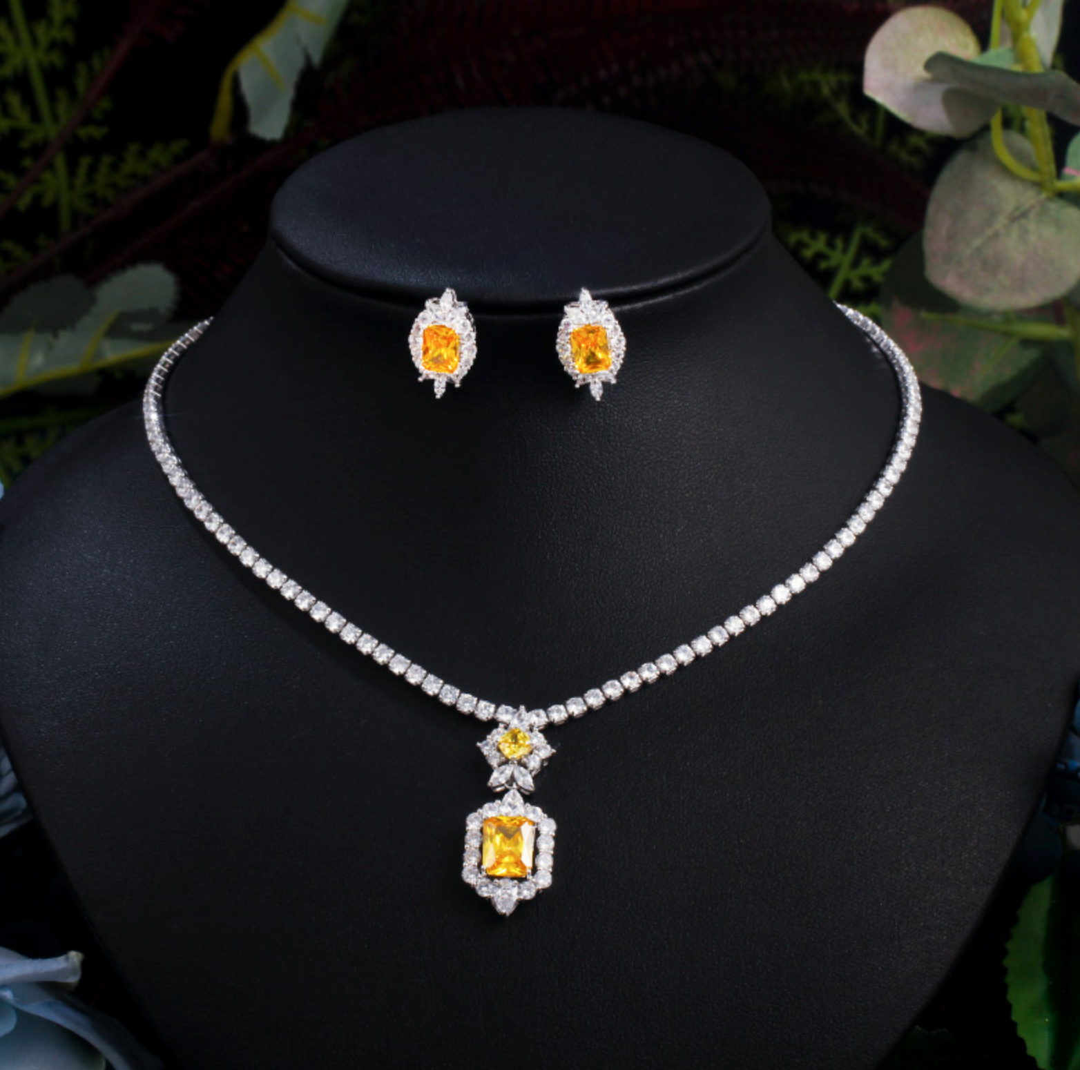 Shiny Yellow White Cubic Zirconia Stone Round Tennis Necklace and Earring Set Party Jewelry Accessory