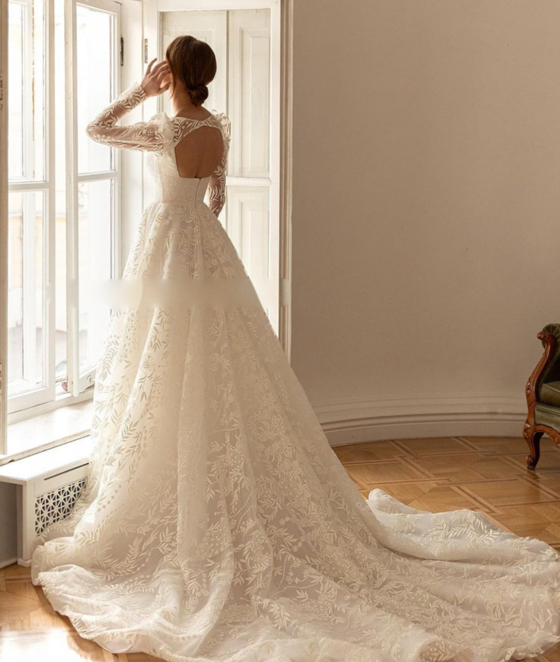 Lace A Line Princess Wedding Dress Long Sleeves  Square Collar Bridal Gown