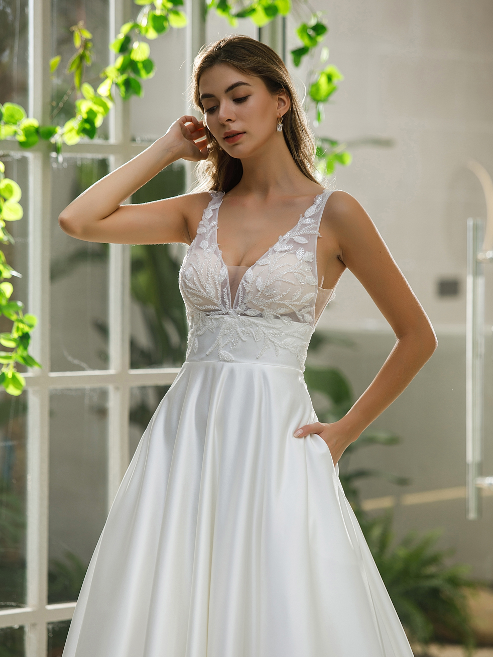 Illusion Bodice Satin A-line Bridal Gown With Pockets