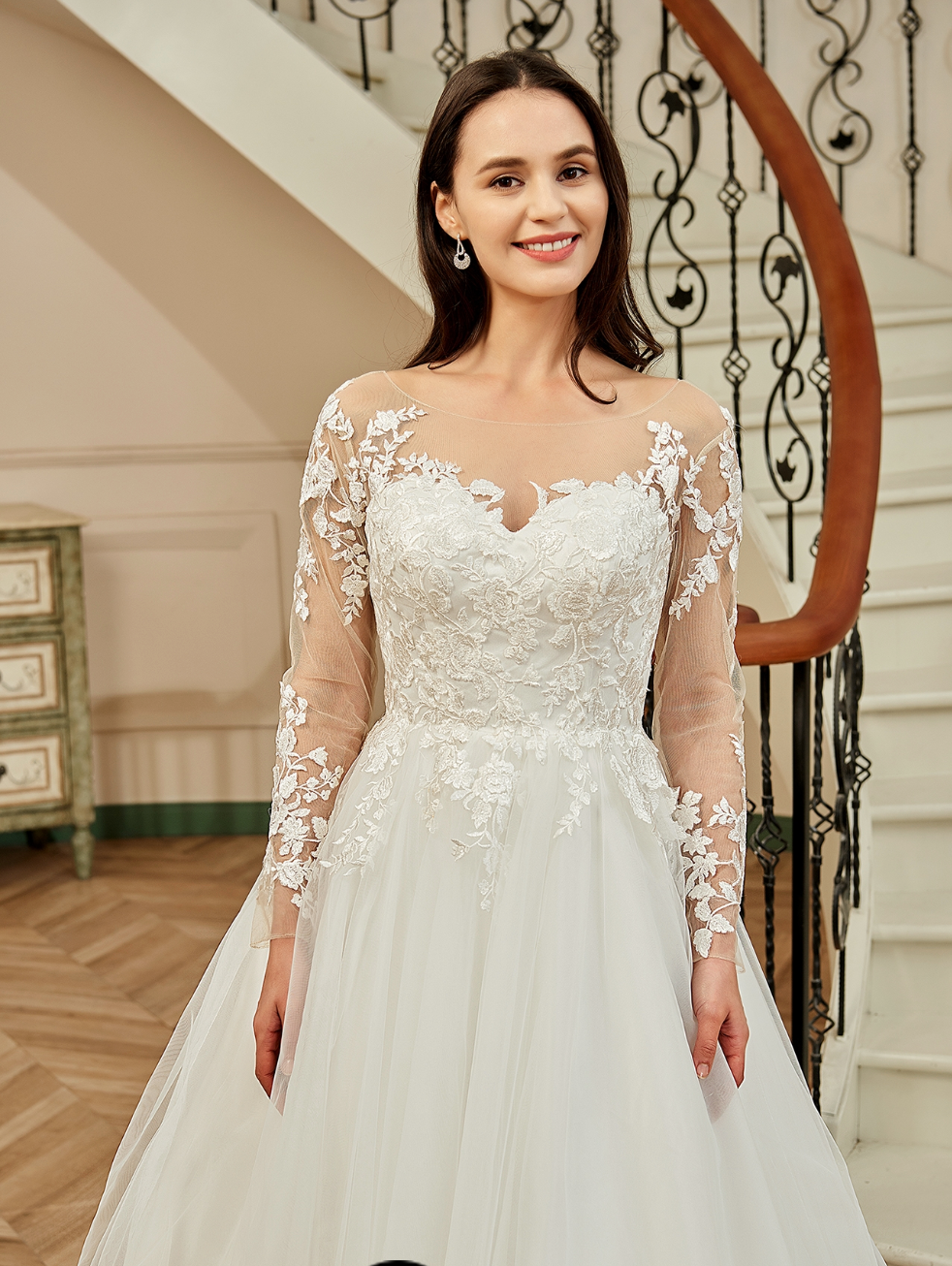 Illusion Long Sleeve Chapel Train Lace Wedding Dress