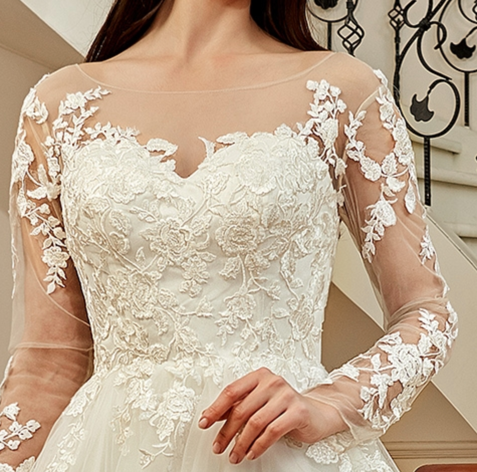 Illusion Long Sleeve Chapel Train Lace Wedding Dress