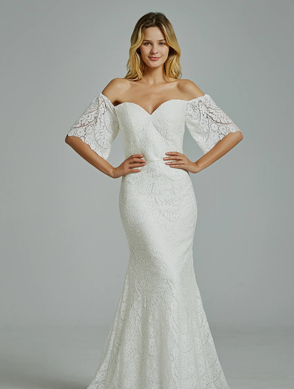 Floral Lace Off-The-Shoulder Sheath Wedding Dress