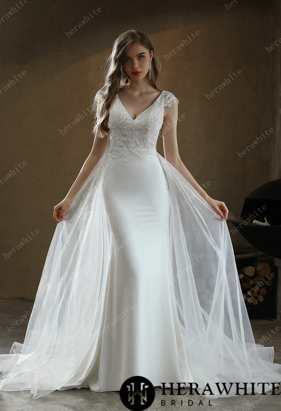 Crepe Sheath Wedding Dress with Lace Cap Sleeves