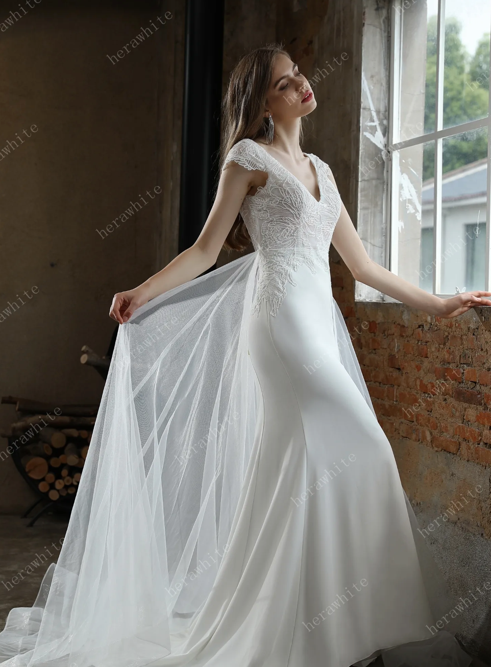 Crepe Sheath Wedding Dress with Lace Cap Sleeves