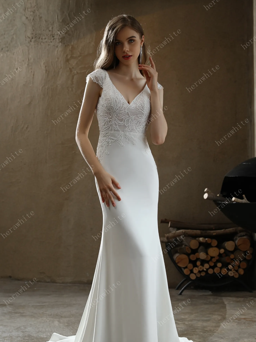 Crepe Sheath Wedding Dress with Lace Cap Sleeves