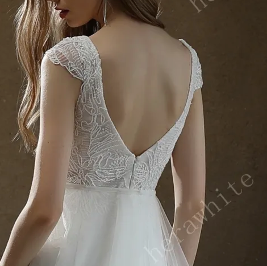 Crepe Sheath Wedding Dress with Lace Cap Sleeves