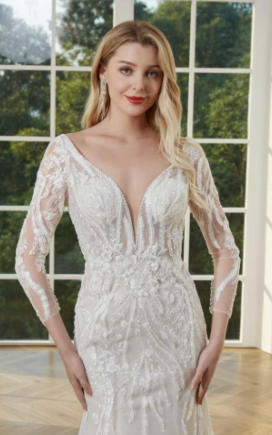 Illusion Lace Sleeve Mermaid Wedding Dress