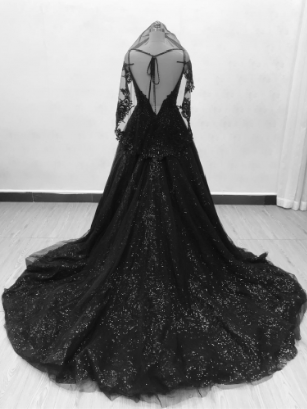 Glitter Black Ball Gown with Lace Shoulder Cape