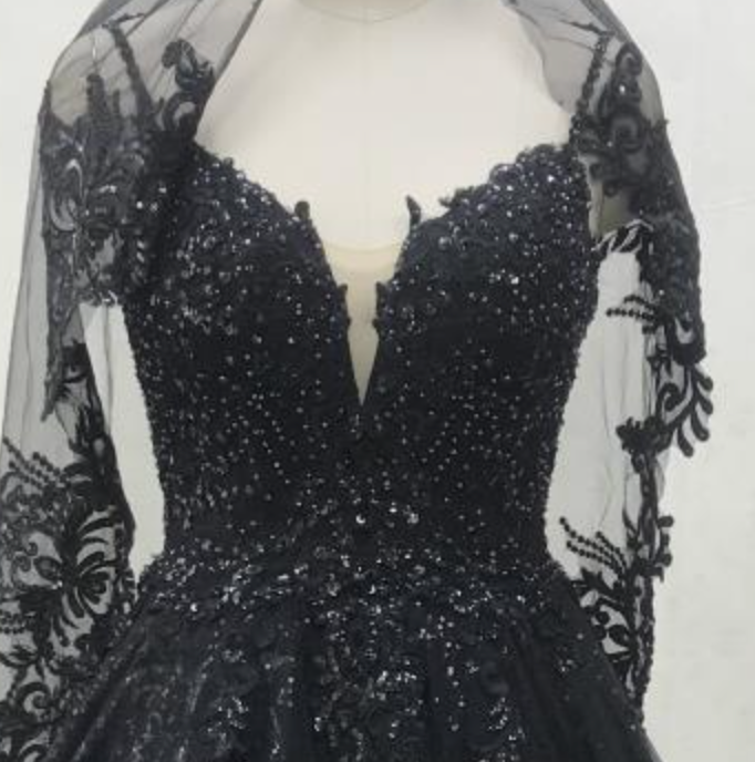 Glitter Black Ball Gown with Lace Shoulder Cape