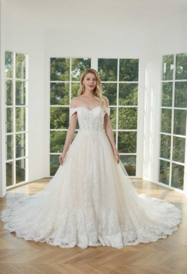 Beaded Lace Off Shoulder Ball Gown with Chapel Train