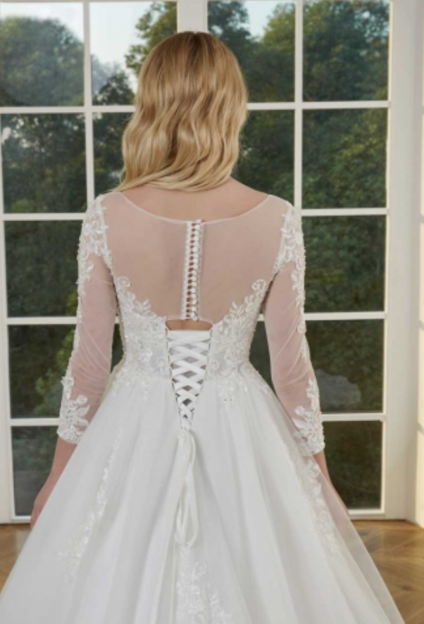 Illusion Long Lace Sleeve Beaded Bodice Wedding Ball Gown
