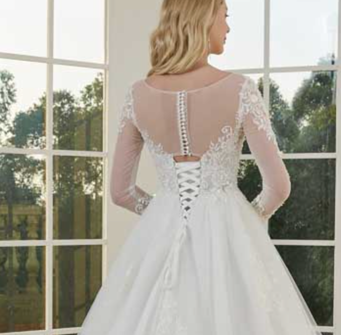 Illusion Long Lace Sleeve Beaded Bodice Wedding Ball Gown