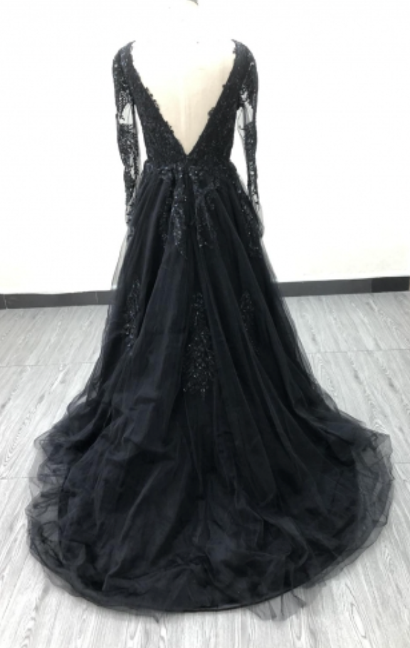 Illusion Black Lace A Line Wedding Bridal with Train