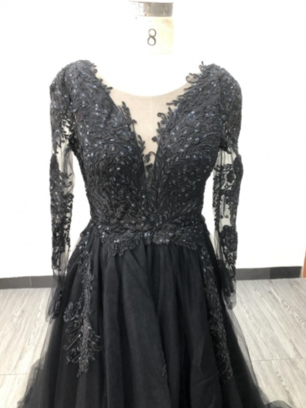 Illusion Black Lace A Line Wedding Bridal with Train