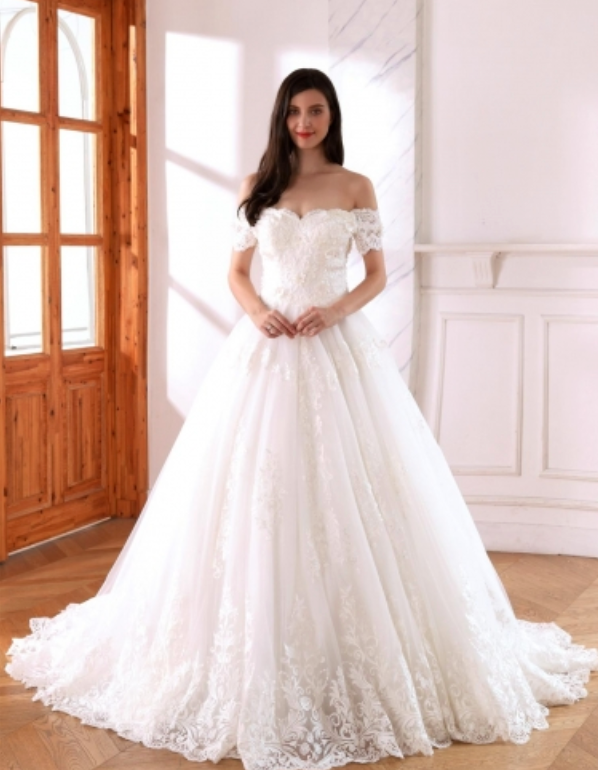 Lace Trimmed A Line Wedding Bridal Gown