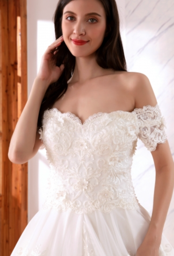 Lace Trimmed A Line Wedding Bridal Gown