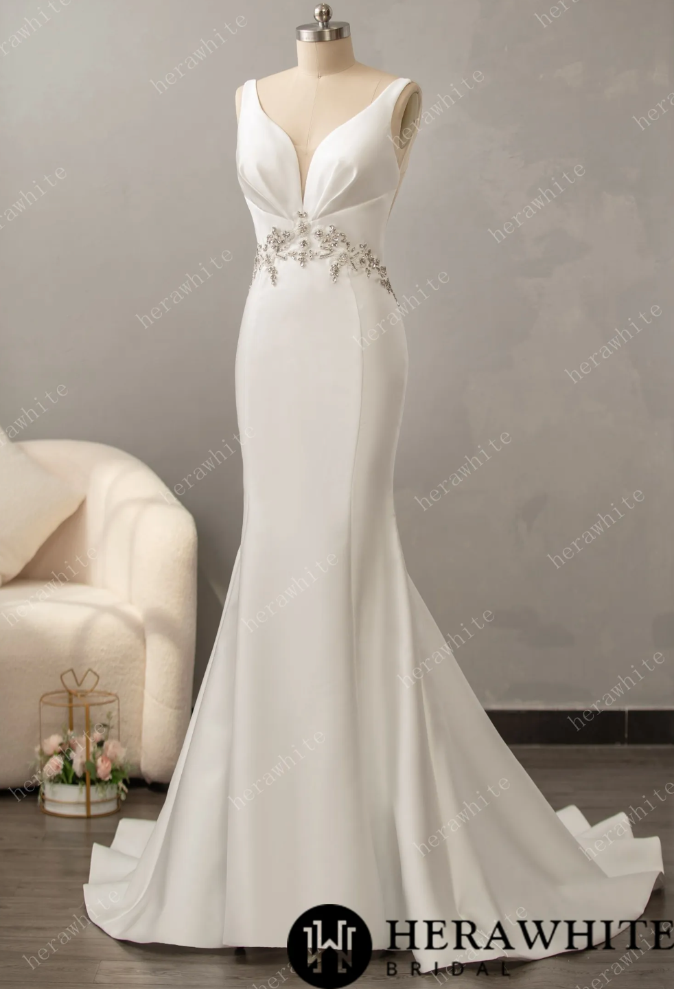 Deep V-Neck Sleeveless with Open Back Wedding Dress