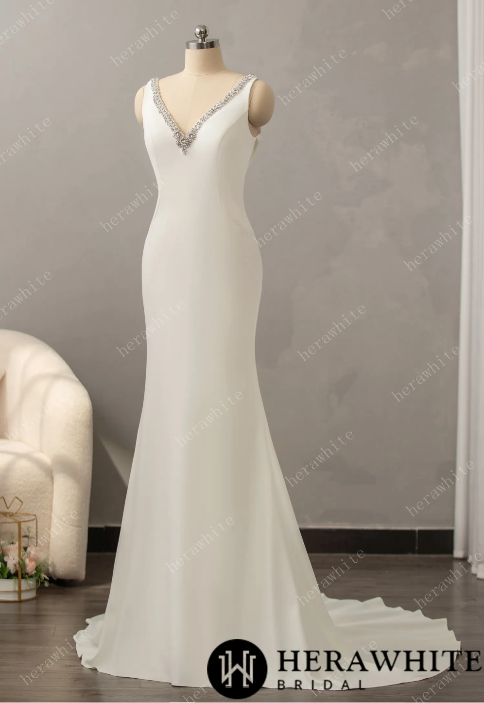 Crepe Beaded V-Neck Wedding Dress with Open Back Detail