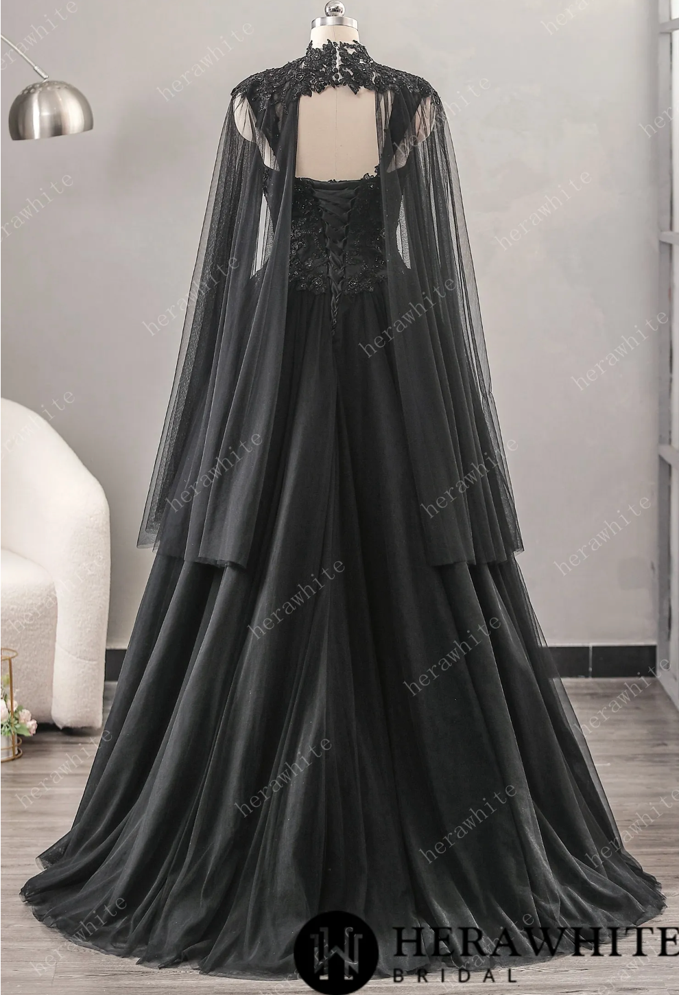 Relaxed A-Line Black Wedding Dress With Detachable Cape