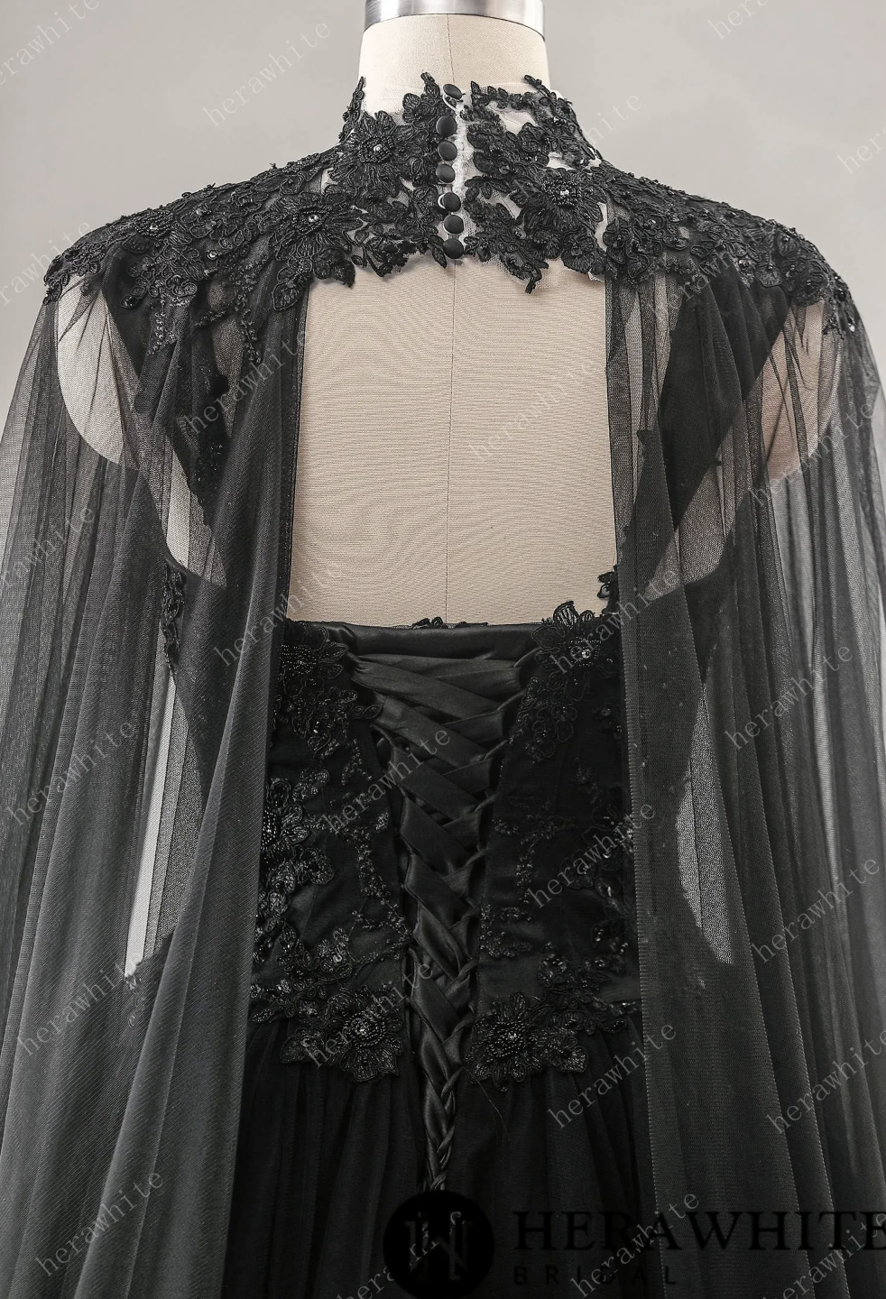 Relaxed A-Line Black Wedding Dress With Detachable Cape