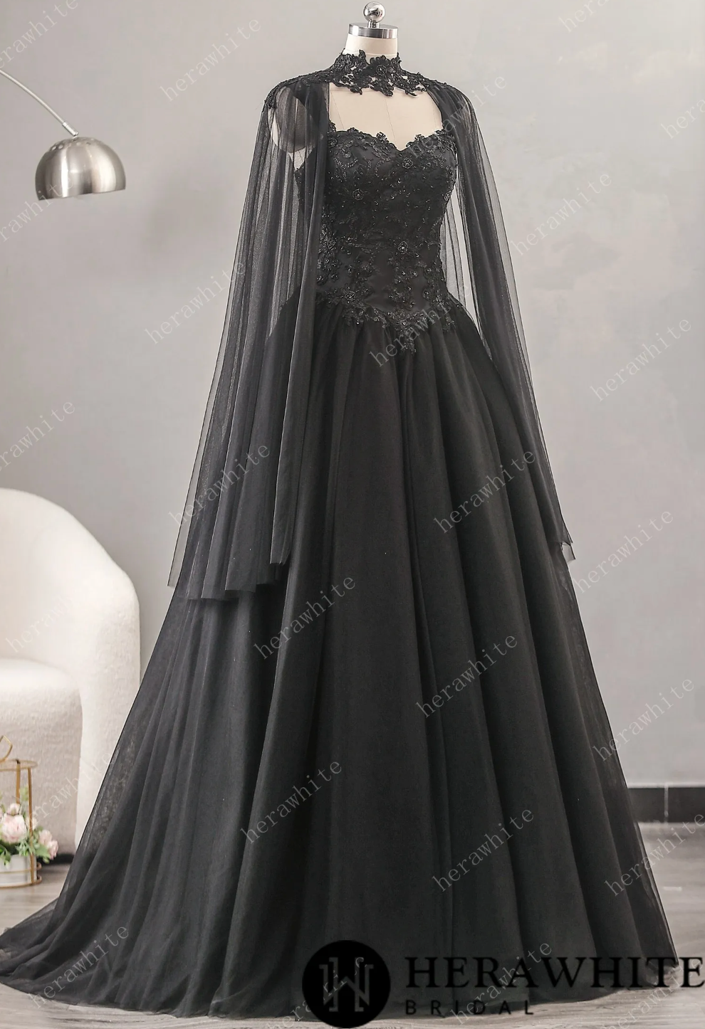 Relaxed A-Line Black Wedding Dress With Detachable Cape