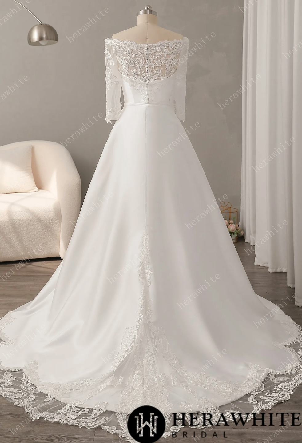 Off The Shoulder Neckline Wedding Dress with Lace Back