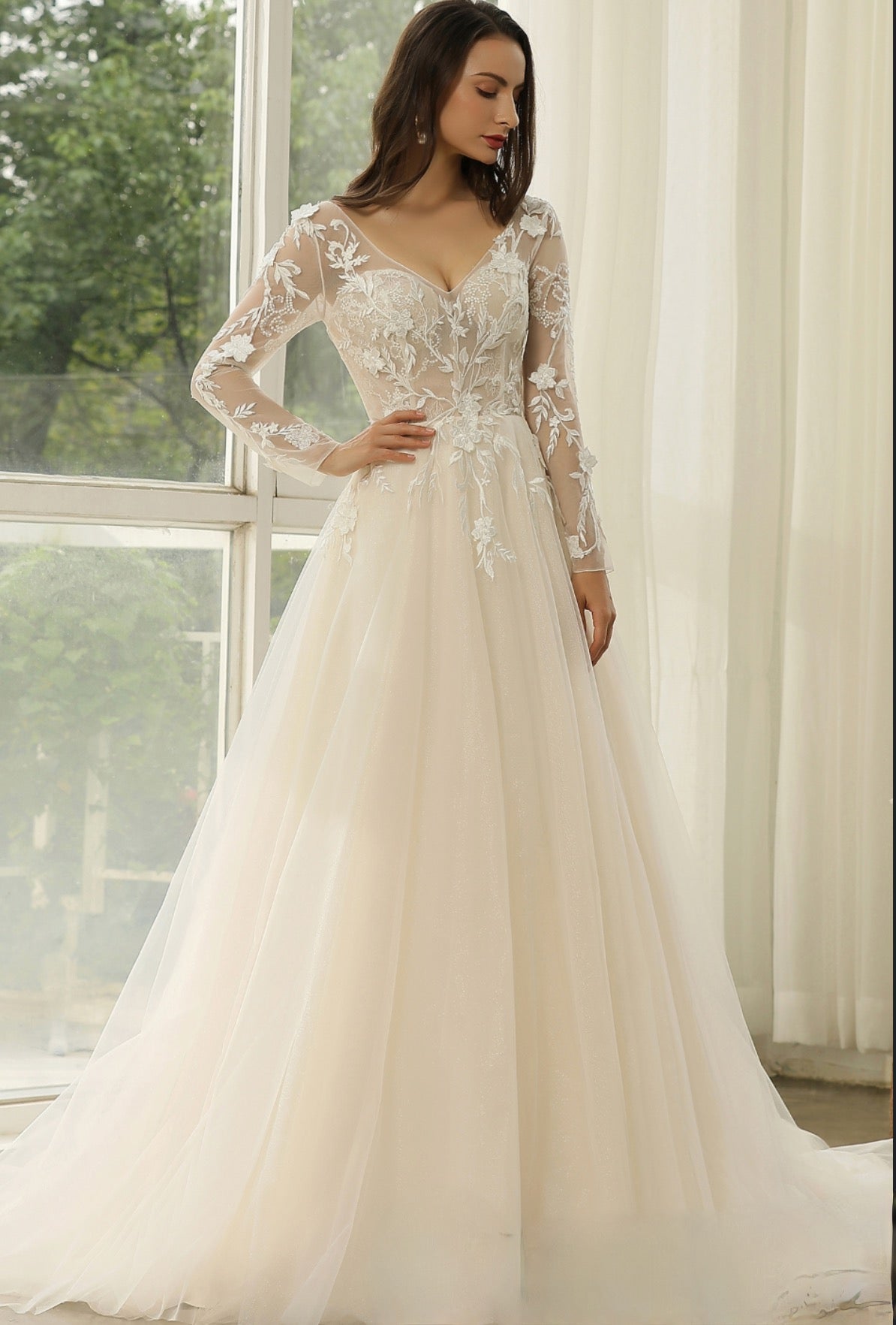 Princess Lace Wedding Dress with Long sleeves