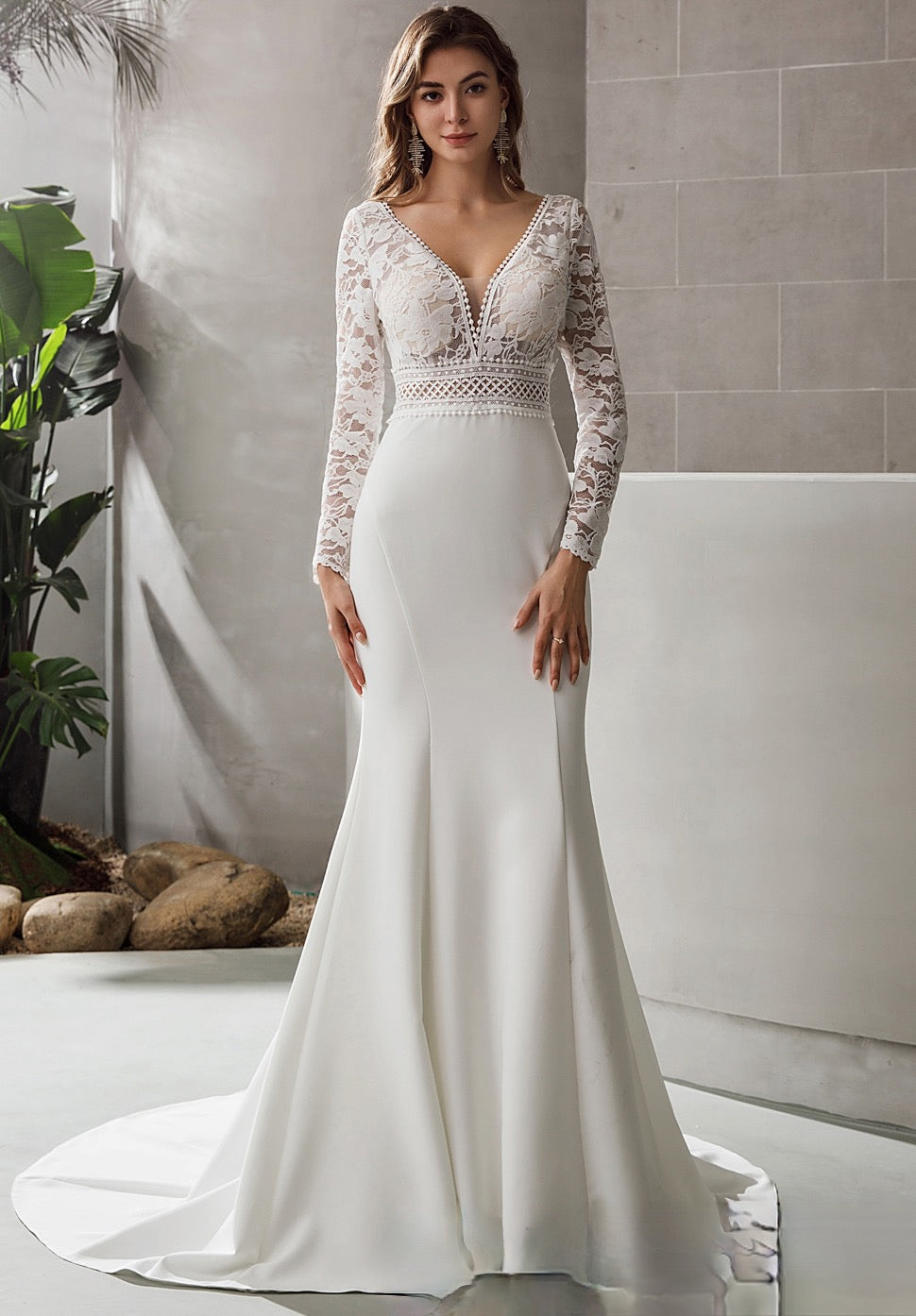 Long Sleeve Plunging V-Neck Crepe Wedding Dress