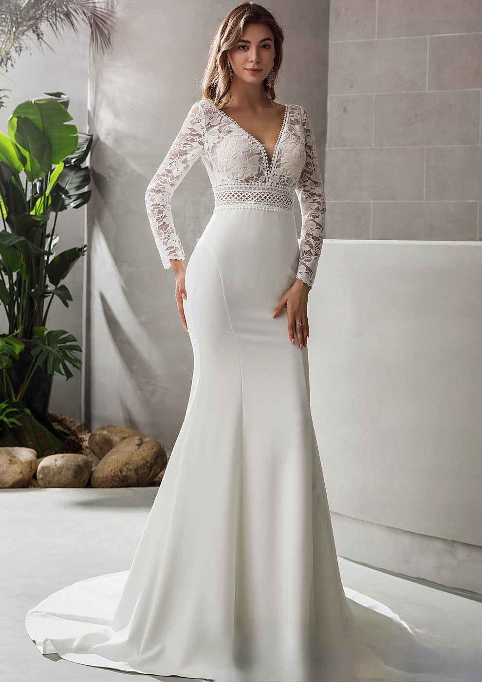 Long Sleeve Plunging V-Neck Crepe Wedding Dress