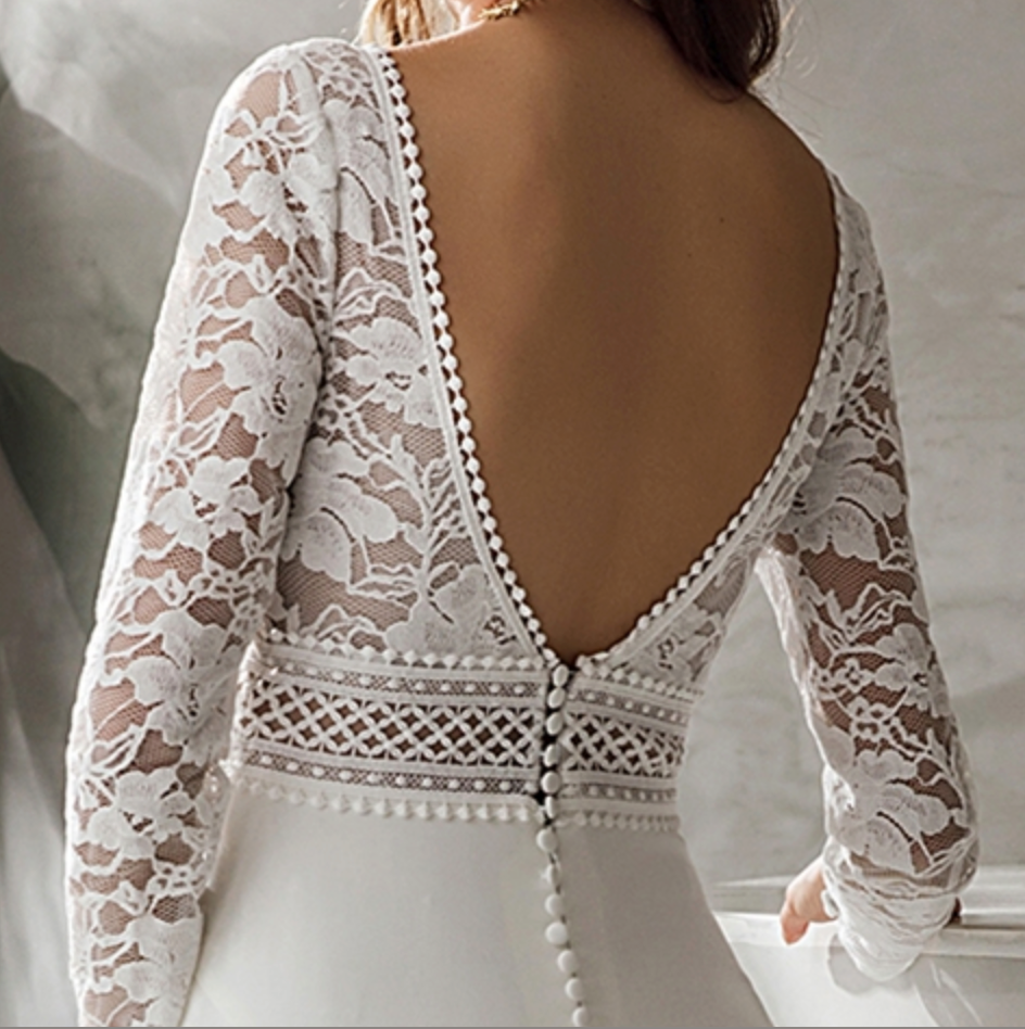 Long Sleeve Plunging V-Neck Crepe Wedding Dress