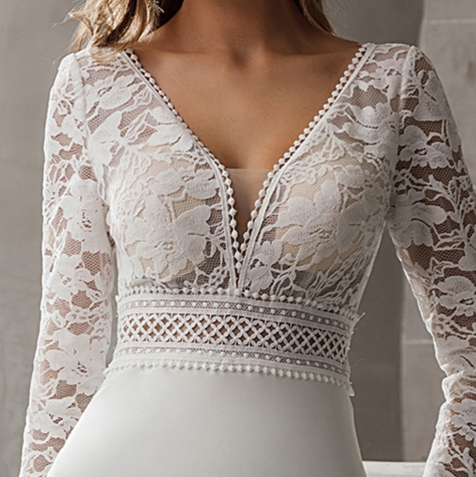 Long Sleeve Plunging V-Neck Crepe Wedding Dress