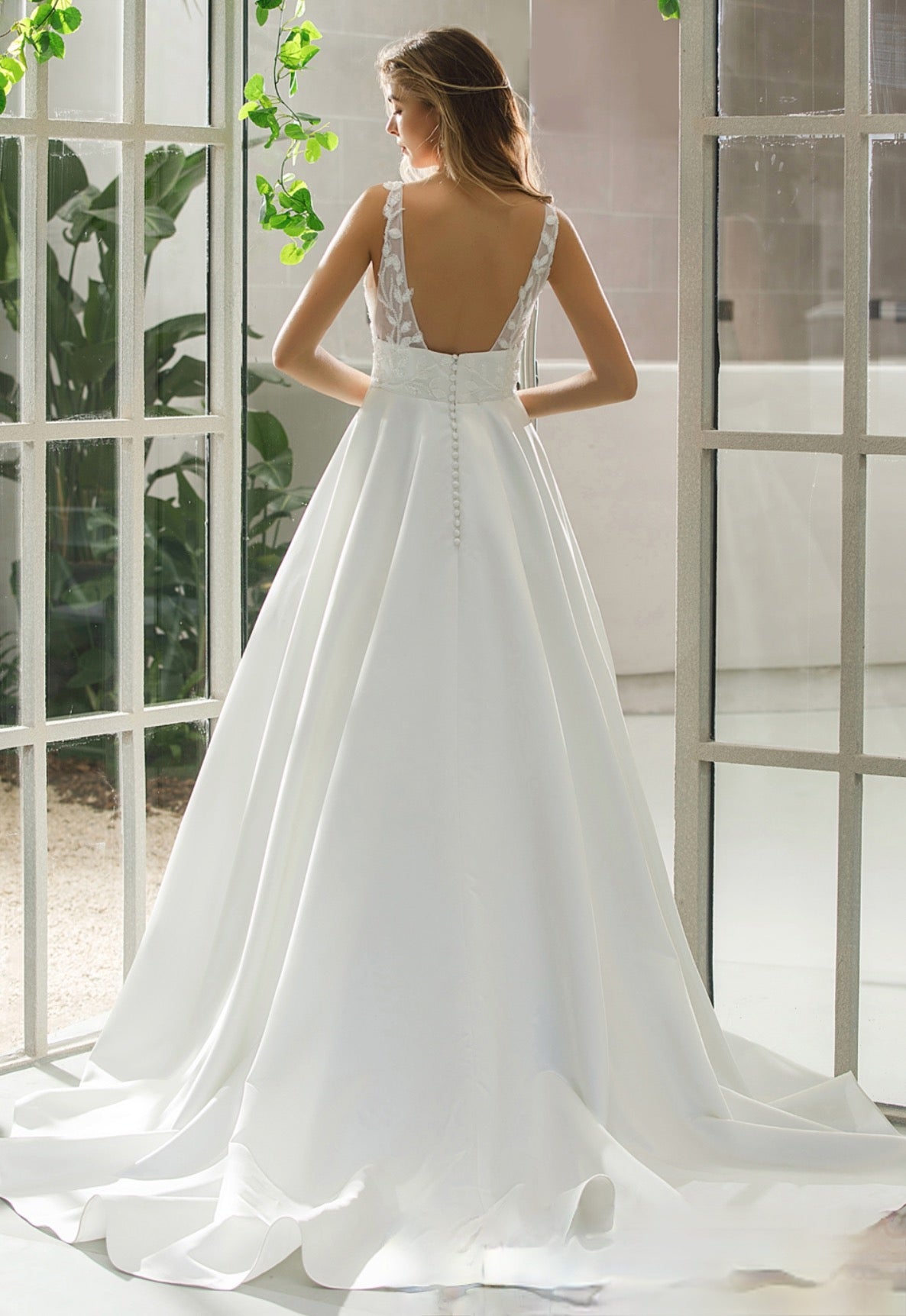 Illusion Bodice Satin A-line Bridal Gown With Pockets