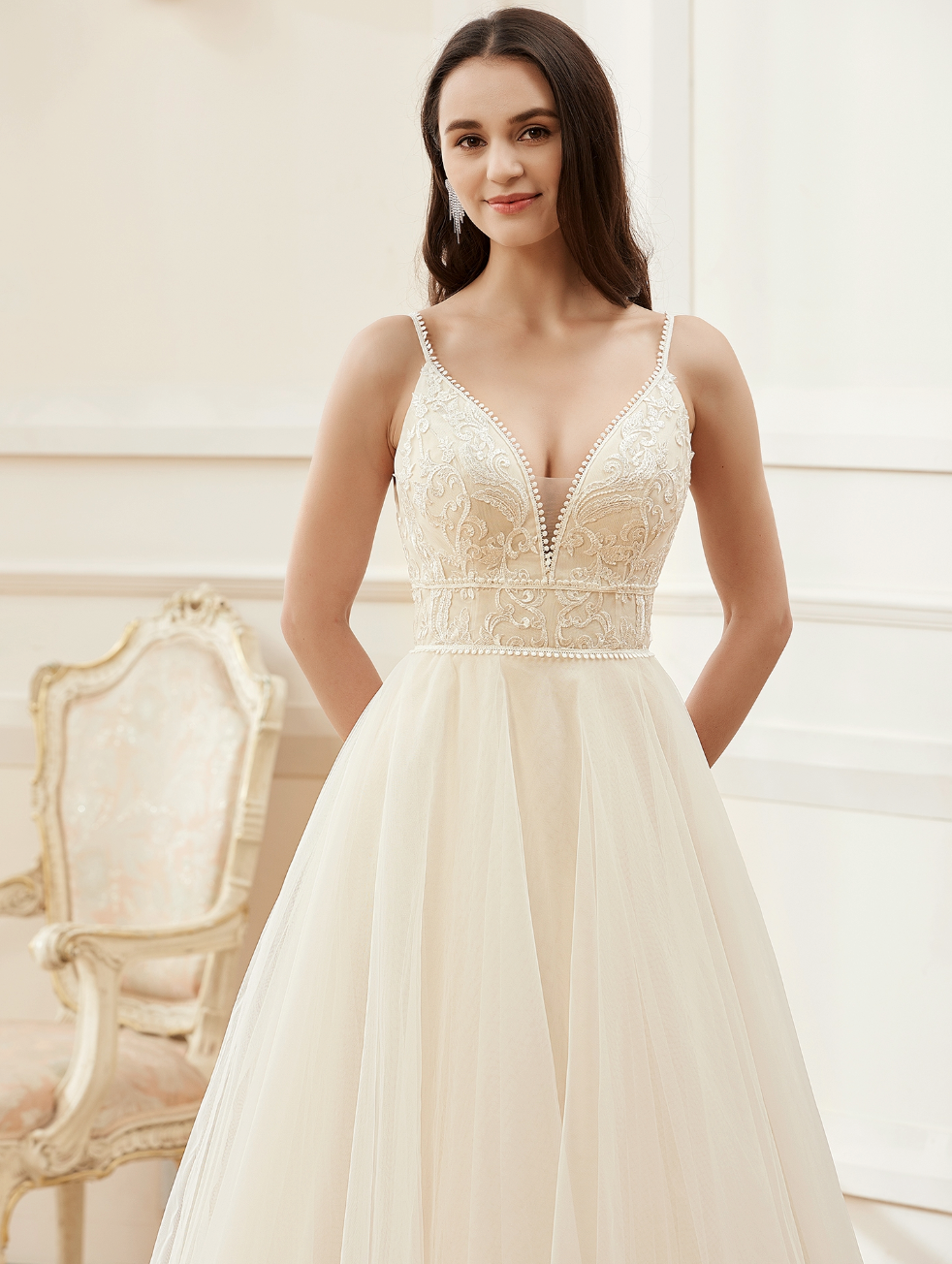 Champagne Romantic Spaghetti Straps A-Line Wedding Dress