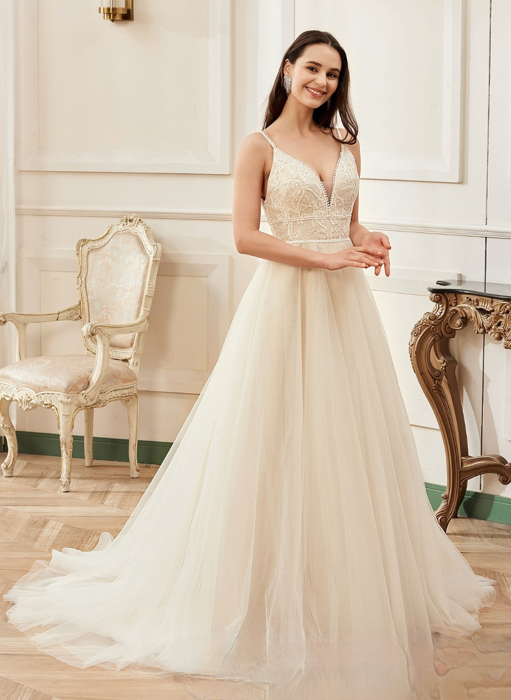 Champagne Romantic Spaghetti Straps A-Line Wedding Dress