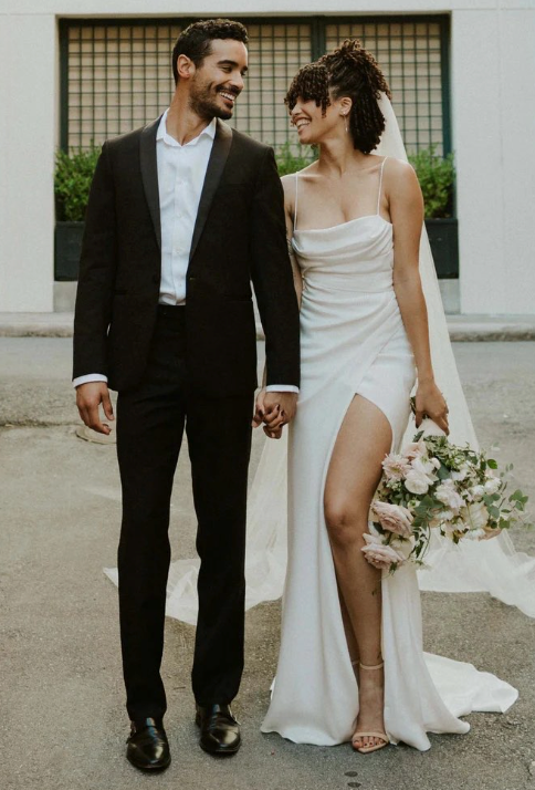 Simple Sexy Boho Mermaid High Slit Bohemian Satin Wedding Bridal Gown