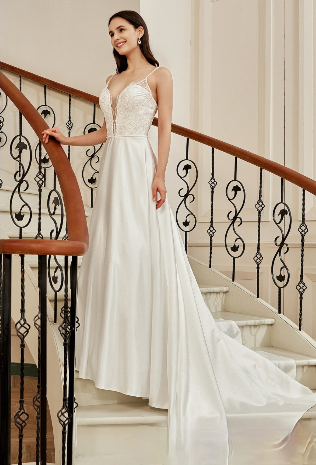 Beaded Deep V-Neckline Satin A-Line Pocket Wedding Dress