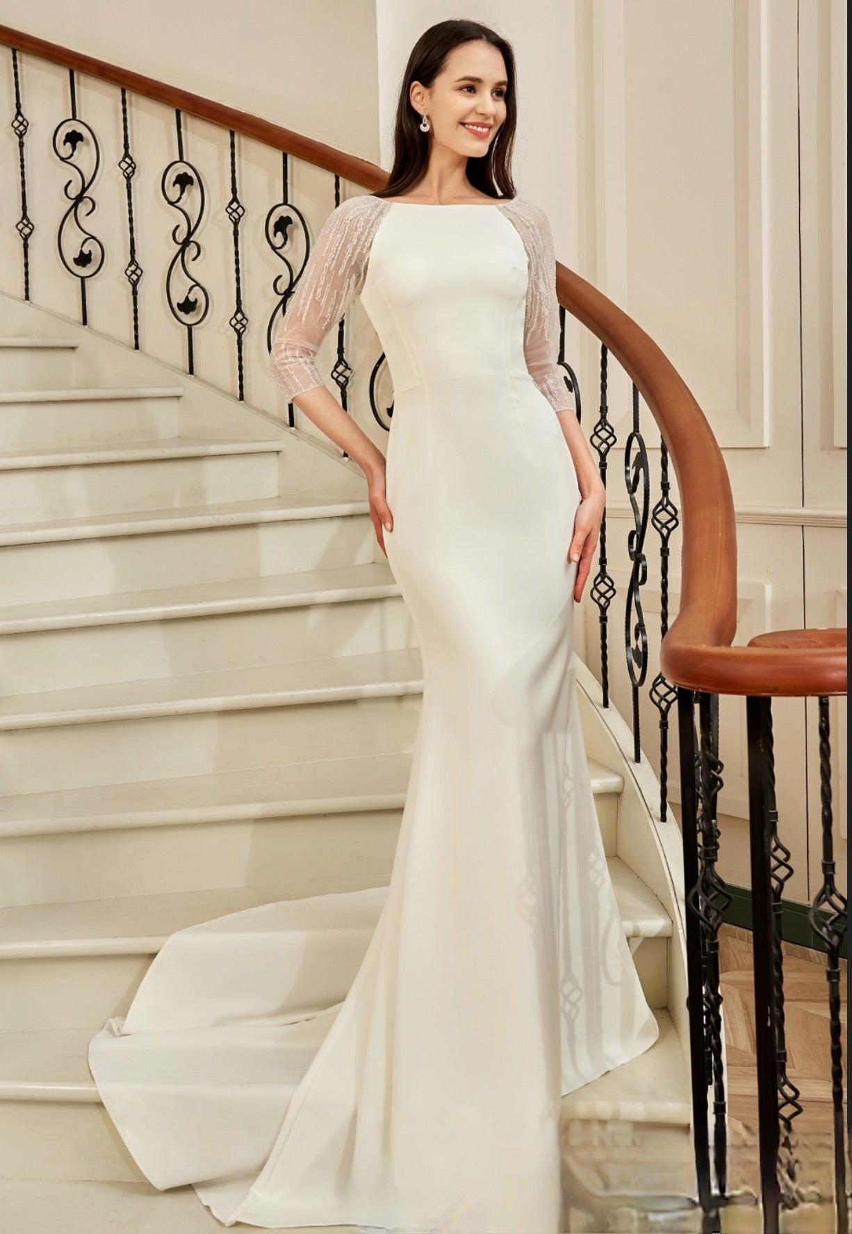 Bateau Neckline Long Train Crepe Bridal Gown With Beaded Illusion Back