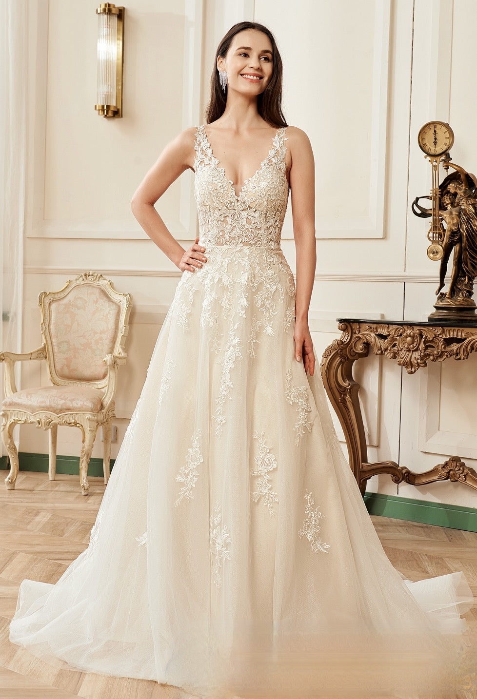 Illusion V-Neckline A-Line Lace Straps Bridal Gown